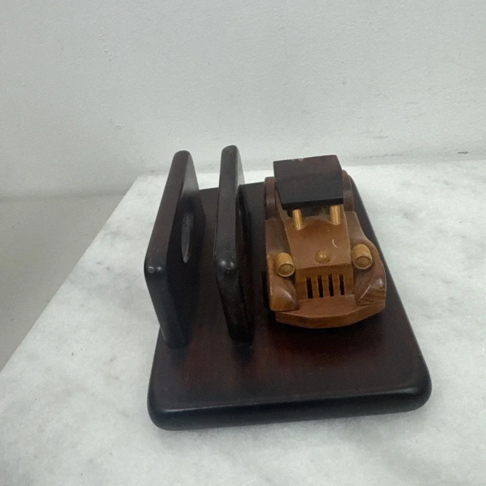 VTG Mens Valet Wood Desk Organizer Letter Holder w/Attached Wooden Antique Car